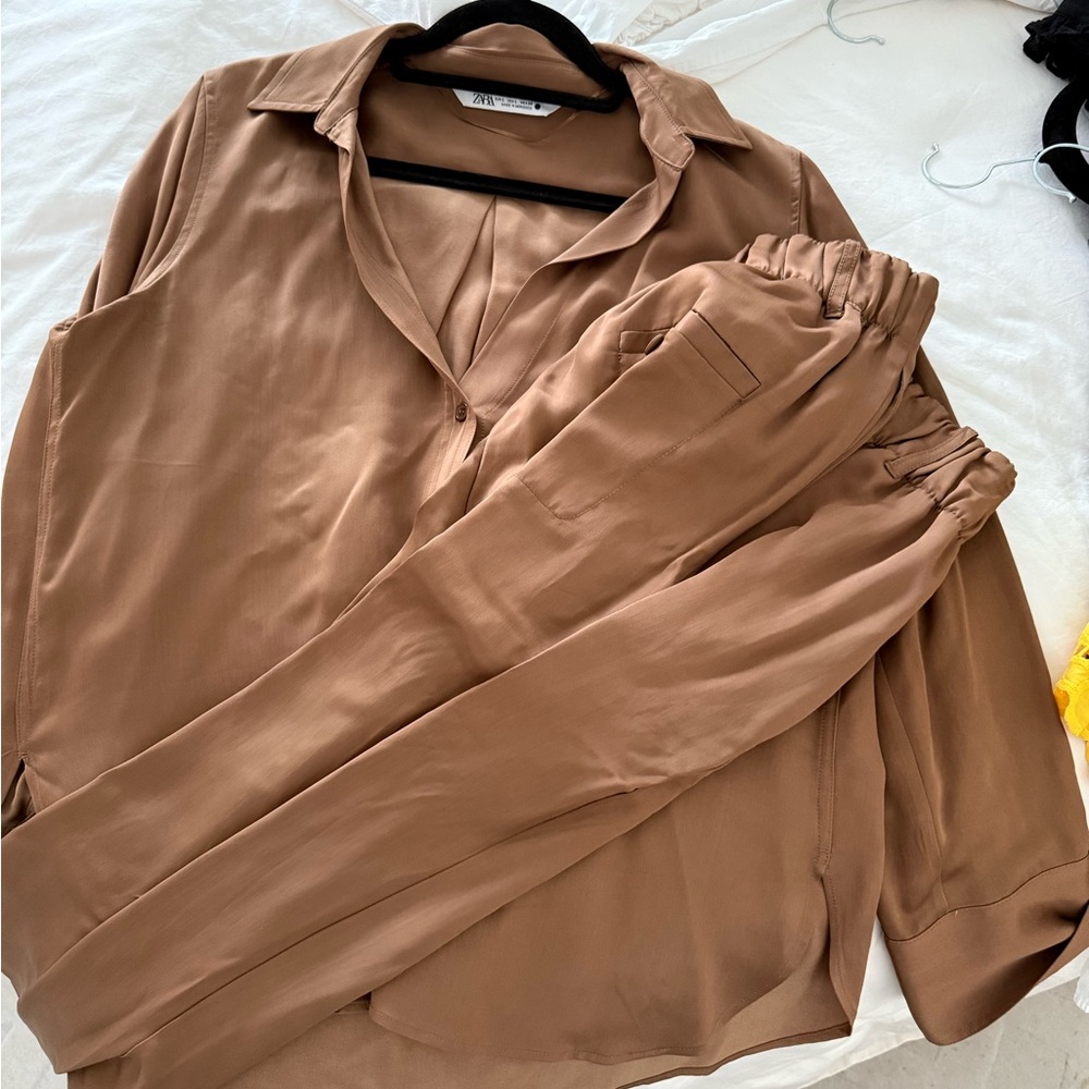 Zara brown set long pants and blouse